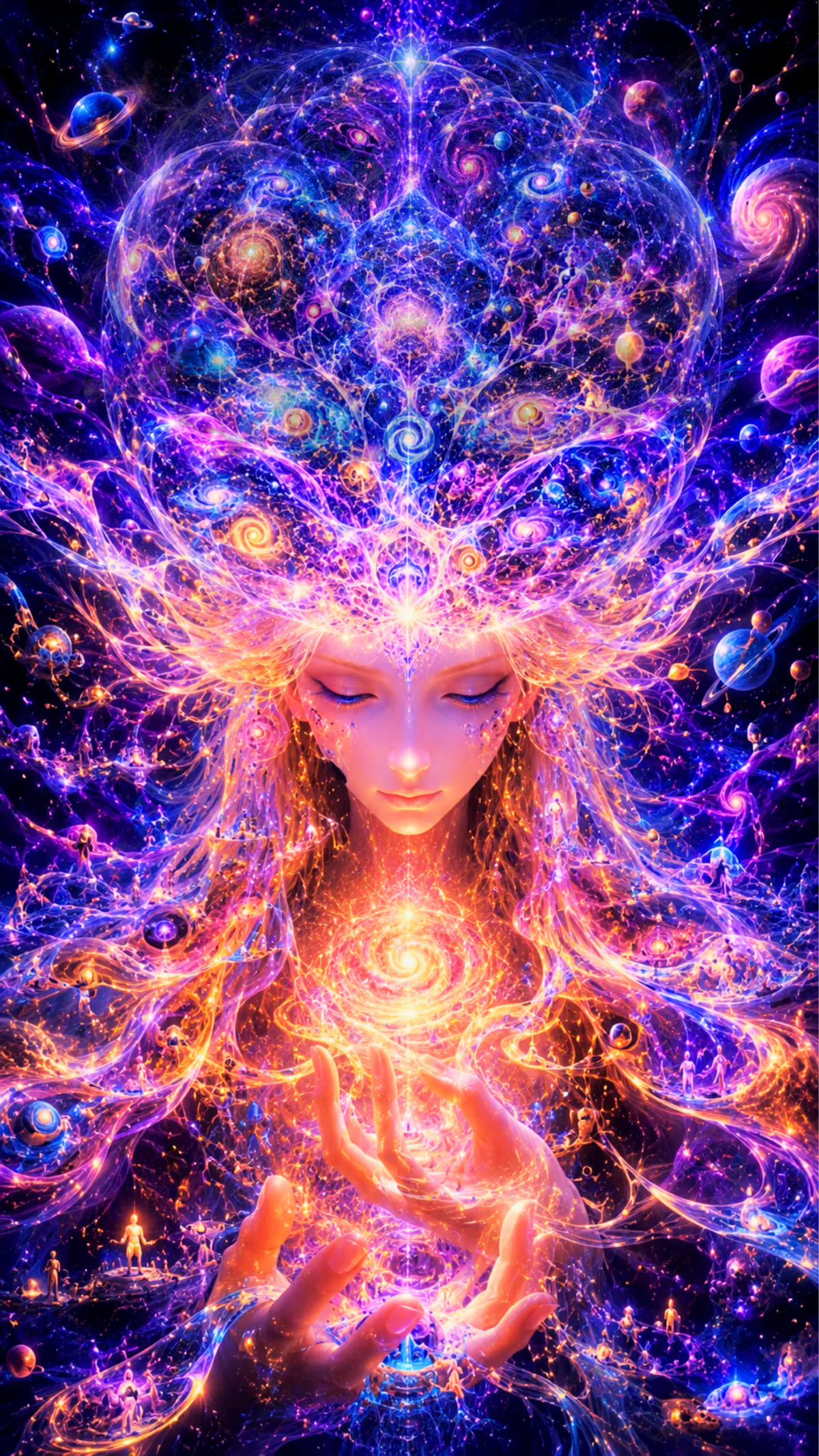 Aerial holding a forming universe as galaxies and worlds unfold through her mind